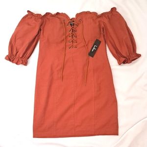 NWT Lulu's "See ya later" Off the Shoulder Lace Up Terra Cotta Mini Dress